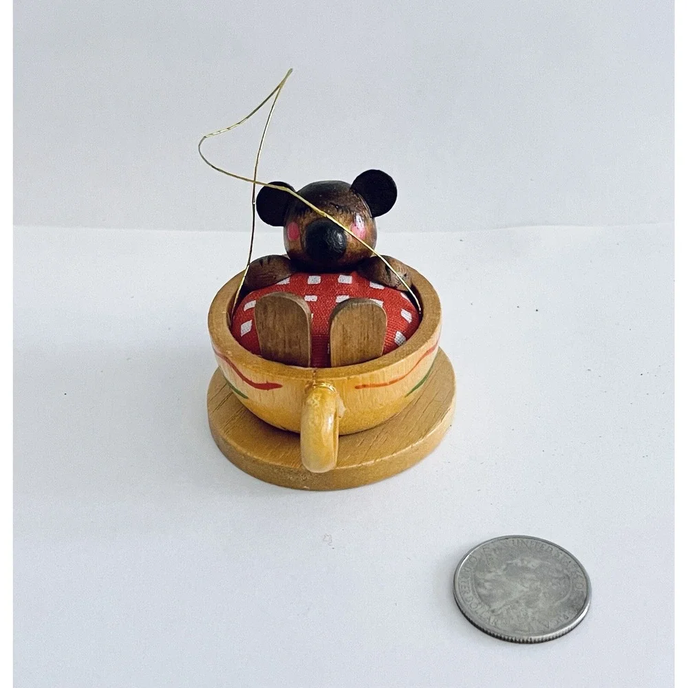 Vintage Taiwan R DAKIN Wooden Bear In A Teacup Ornament‎ Handpainted